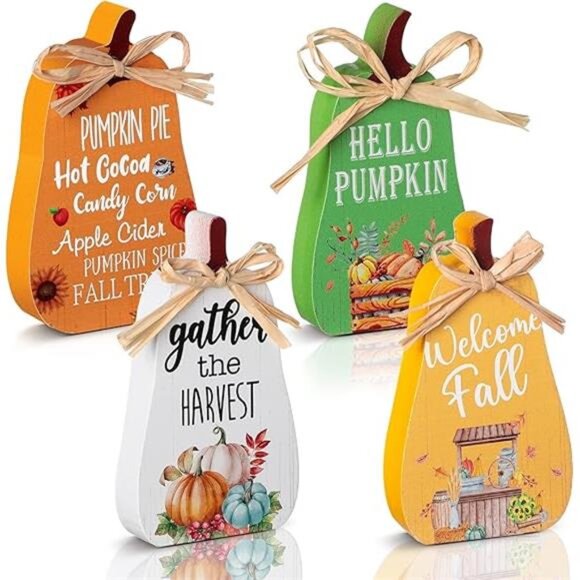 New 4pcs Fall Tiered Tray Decor - Rustic Pumpkins & Signs for Thanksgiving Table - Picture 8 of 8